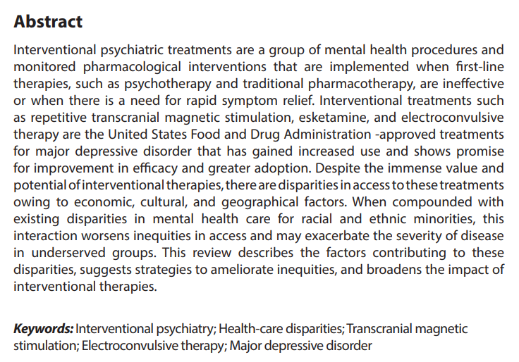 GHES_ASP's tweet image. 📢Welcome to read the paper "Access to interventional #psychiatric treatments in the United States: Disparities and proposed solutions"
👥By Lawrence G. Appelbaum et al.
Read it here #OpenAccess: doi.org/10.36922/ghes.…