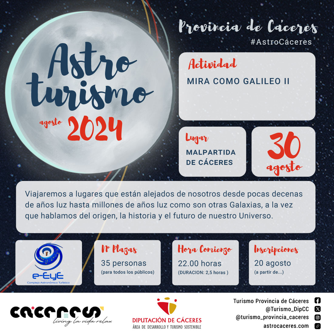 Turismo_DipCC's tweet image. Disfruta con el programa #Astrocáceres2024 el próximo 30 de Agosto en #LosBarruecos de #MalpartidadeCáceres.
💥COMPLETO💥
#Astrocáceres #livinglavidarelax #TurismoSostenible #ProvinciadeCáceres #TurismoProvinciadeCáceres
