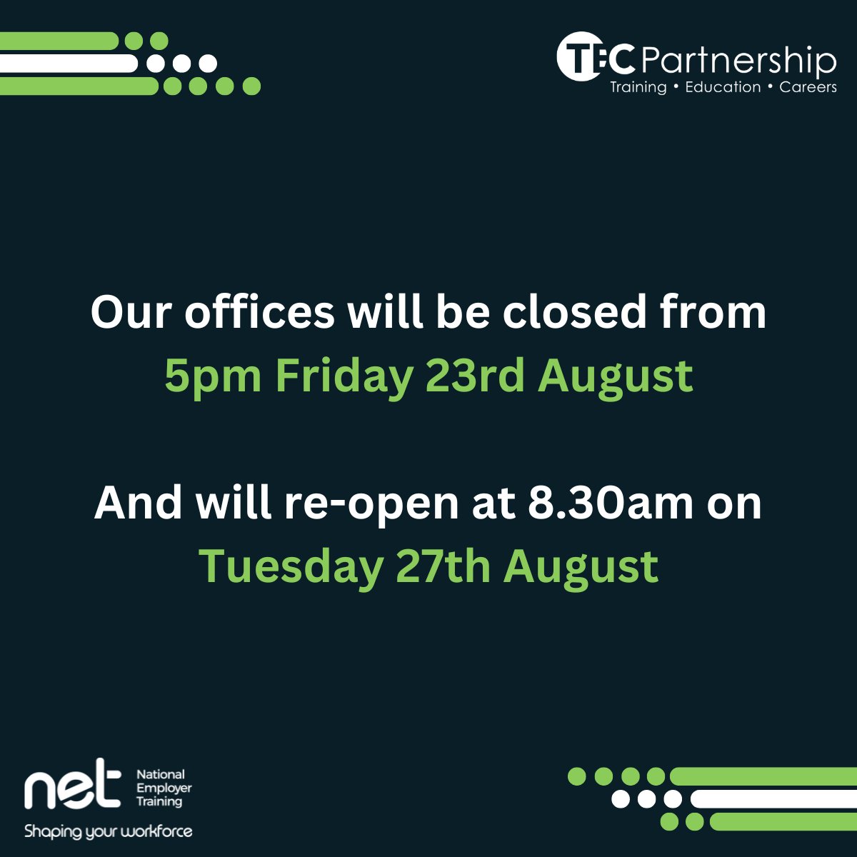 A polite reminder that our offices will be closed for the August bank holiday from 5pm.

We’ll be back and ready to assist you on the 27th August.

#BankHoliday #OfficeHours #SeeYouSoon
