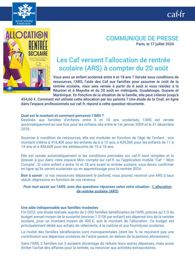 cnaf_actus's tweet photo. #Rentree2024 #ARS

Jour J pour l'Allocation de Rentrée Scolaire, versée à partir du 20 Août par les Caf.

Cette année, ce coup de pouce, essentiel pour de nombreuses familles modestes, sera versé à près 3 millions d'allocataires.

Infos et montants
https://t.co/kdRrJxlb2h https://t.co/1dHa1zAd7o