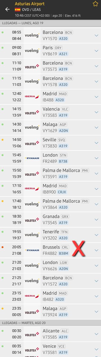 controladores's tweet photo. Según la información de Flightradar24, en el día de ayer la inmensa mayoría de vuelos operaron en Asturias con antelación a la hora prevista de llegada. 
De los 2 vuelos de #Ryanair que operaban en Asturias uno lo hizo con 15 minutos de demora (procedente de Londres) y otro llegó con más de una hora de retraso (procedente de Bruselas). 
Ese último ya no pudo realizar su viaje de vuelta hasta esta mañana, a pesar de estar programado para anoche. 
Y no fue por nada relacionado con el control aéreo. 
Según nos comentan, fue porque la tripulación se pasaba de actividad. 
✅️ Es cierto, como dice Ryanair, que hay déficit de controladores y hay muchas regulaciones por ese motivo.
❌️ Es falso que, como dice Ryanair, la mayoría de sus vuelos se retrasen por ese motivo.

Los ajustados tiempos entre un vuelo y el siguiente son también causa de que muchos vuelos pierdan su turno y, en épocas de congestión, les caiga una demora importante al no tener apenas margen de maniobra. La asignación de turnos de salida está automatizada y centralizada en el organismo europeo Eurocontrol, no depende de los controladores aéreos.