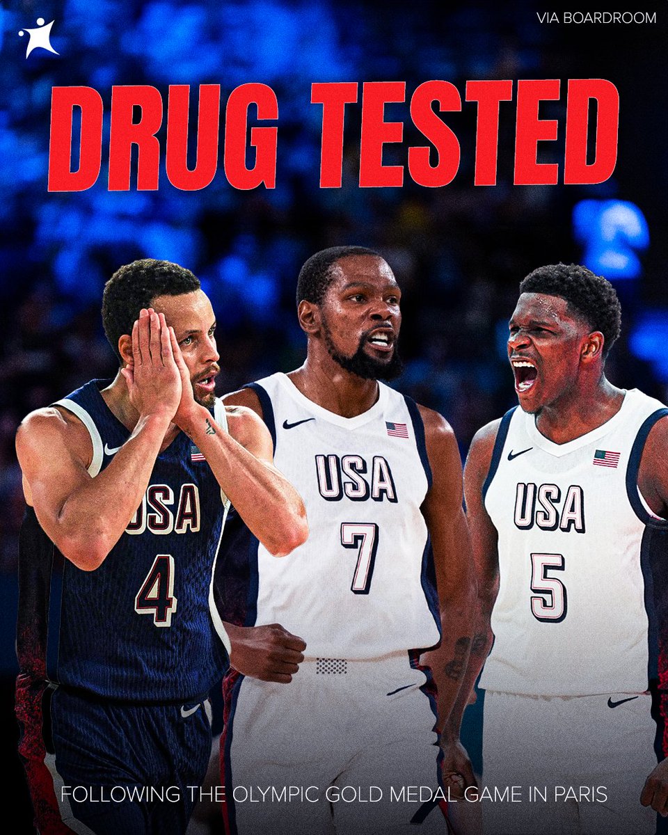 BasketNews_com's tweet photo. Steph Curry, Kevin Durant, and Anthony Edwards were tested for doping and other substances following the Olympic gold medal game in Paris 👀 https://t.co/AiDkqFSCyY