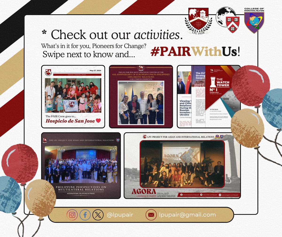 lpupair's tweet photo. 📌 𝐖𝐇𝐀𝐓 𝐖𝐄 𝐃𝐎

In LPU PAIR, we do not just promote annual HPAIR conferences internationally; we also spearhead activities aligned with our objectives to enrich your IR experience at LPU! 

(1/5) https://t.co/IN5HbFHgRD