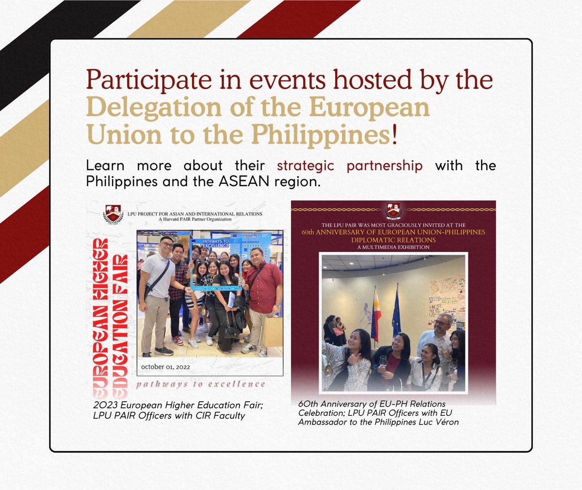lpupair's tweet photo. 🔎 Immerse yourself in EU events to understand their relationship with the Philippines and explore exciting educational opportunities.  

(4/5) https://t.co/8ZThqRrZDX