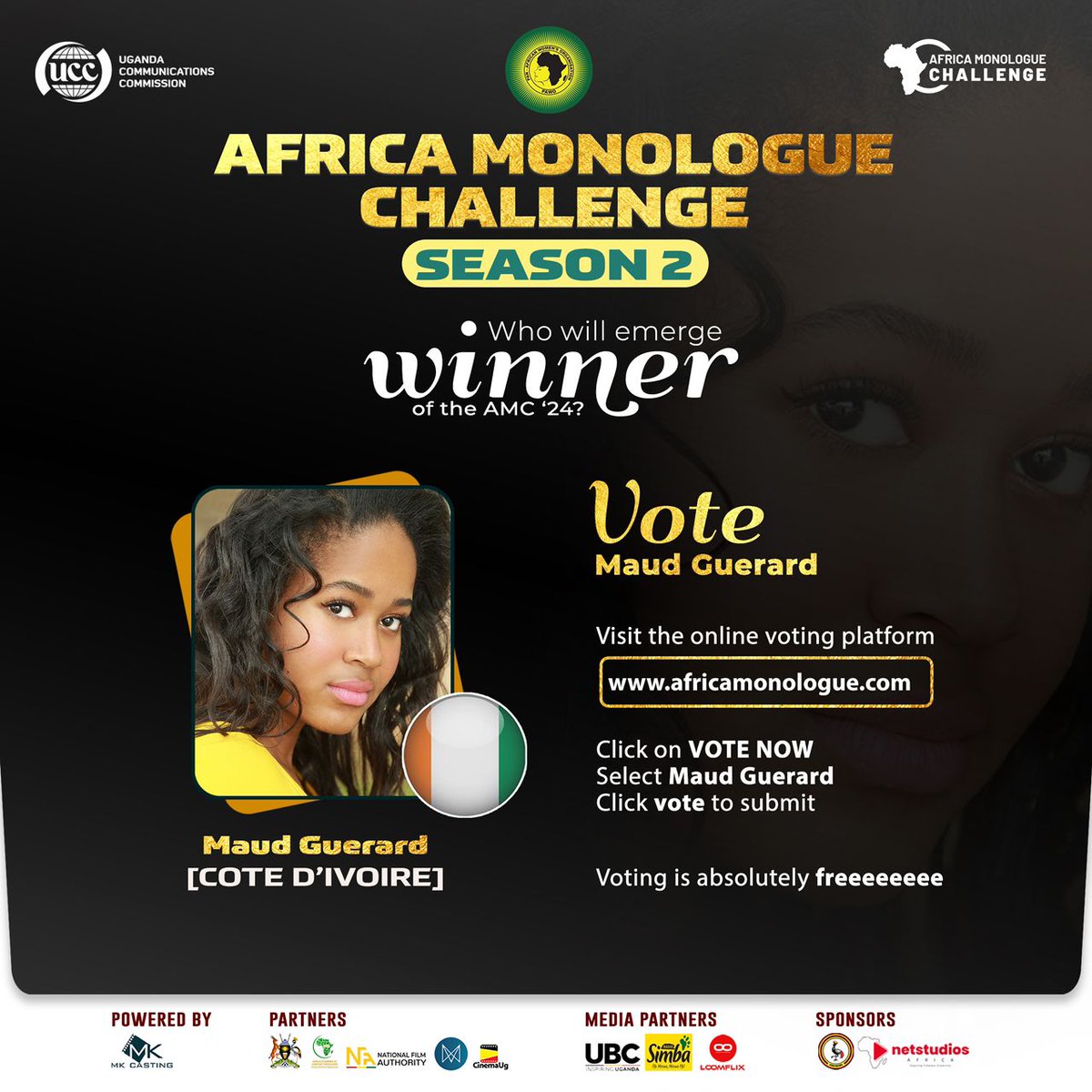 <a href="/GuerardMaud/">Maud Guerard</a> is a 24-year-old Ivorian actress who studied political science before training at Stella Adler Academy in Los Angeles. Now based in Abidjan, she was recently nominated for Best Actress at the NISA 2023 festival.

Vote for #MaudGerard👉africamonologue.com/vote-2/
#AMC2024