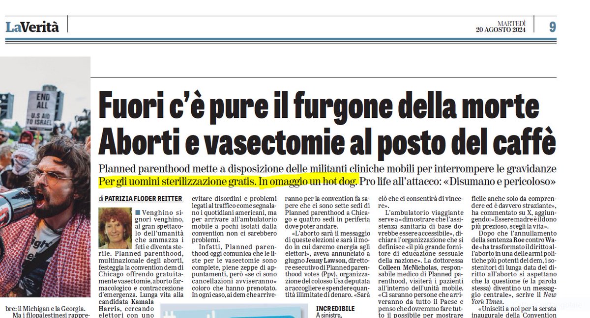 «For the people, for our future», sarebbe il motto alla <a href="/DemConvention/">2024 Democratic National Convention</a> . Intanto offrono gratis la #pillolaabortiva e la vesectomia. Un bel futuro di umanità sterile <a href="/LaVeritaWeb/">La Verità</a>
