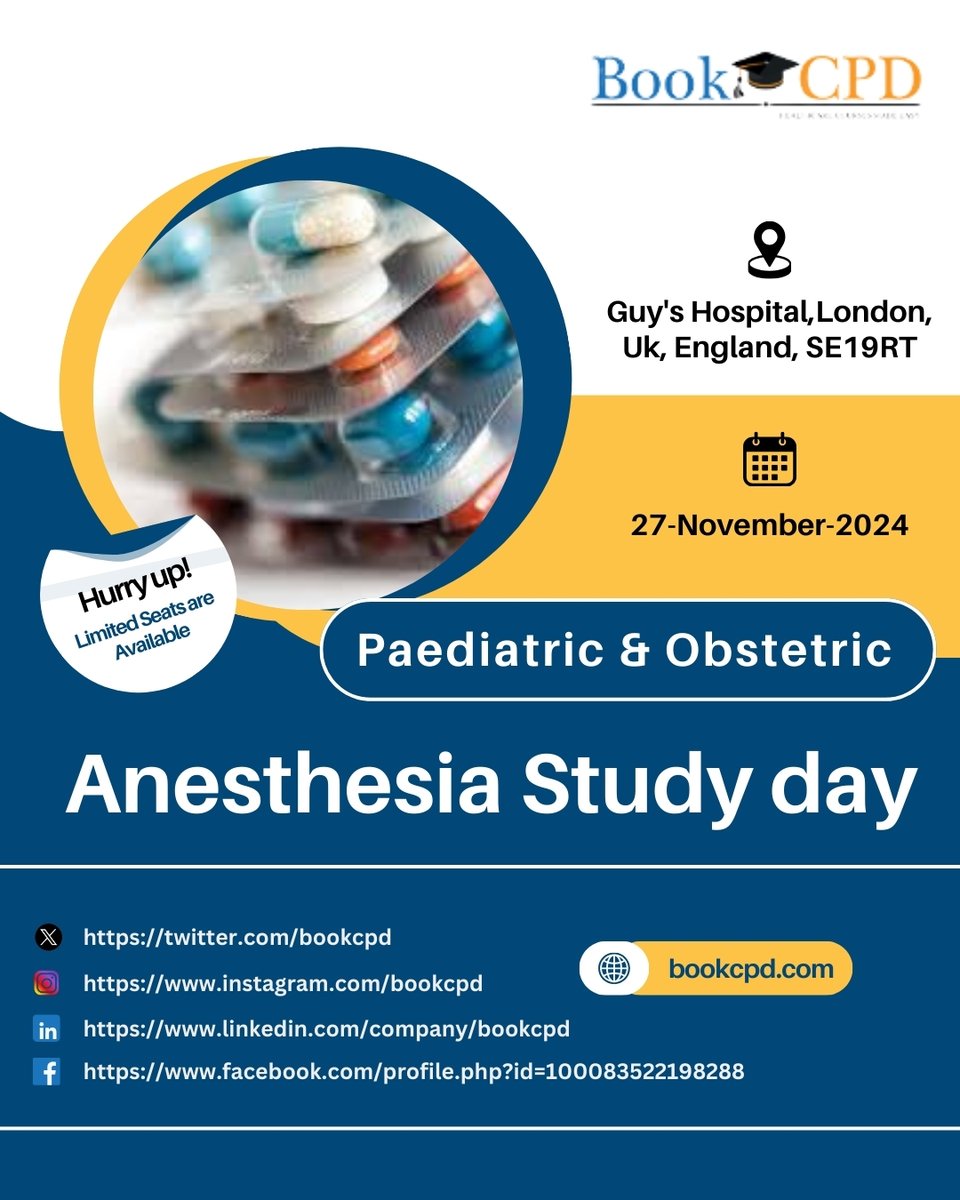 Paediatric and Obstetric Anaesthesia Study day!

bookcpd.com/course/paediat…

#paediatric #obstetric #bookcpd #cpdcourses #anesthesiacourse