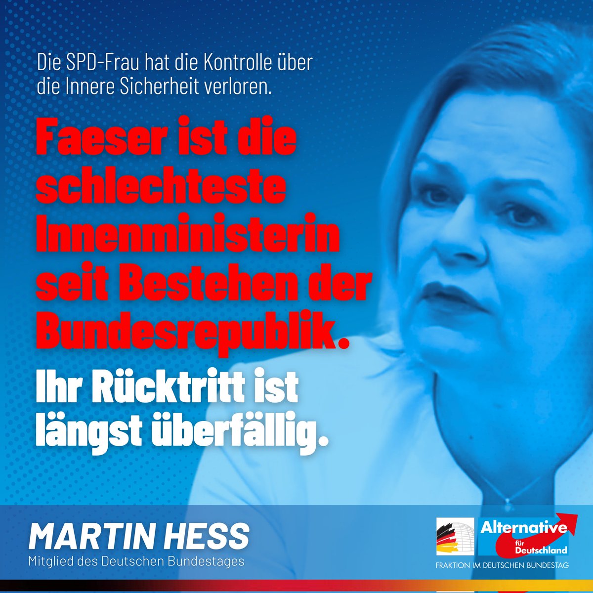 KaRue71's tweet image. Frau Faesers so genannter "Kampf gegen Rechts" geht völlig an den Problemen in Deutschland vorbei! Es sind nicht Rechte, die unsere innere Sicherheit erodieren lassen! ☝️
#FaeserRücktritt