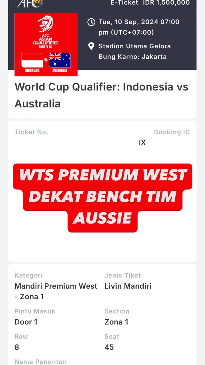 alamtanuli's tweet photo. WTS TIKET TIMNAS INDONESIA VS AUSTRALIA PREMIUM WEST https://t.co/fAWLW9WKzh