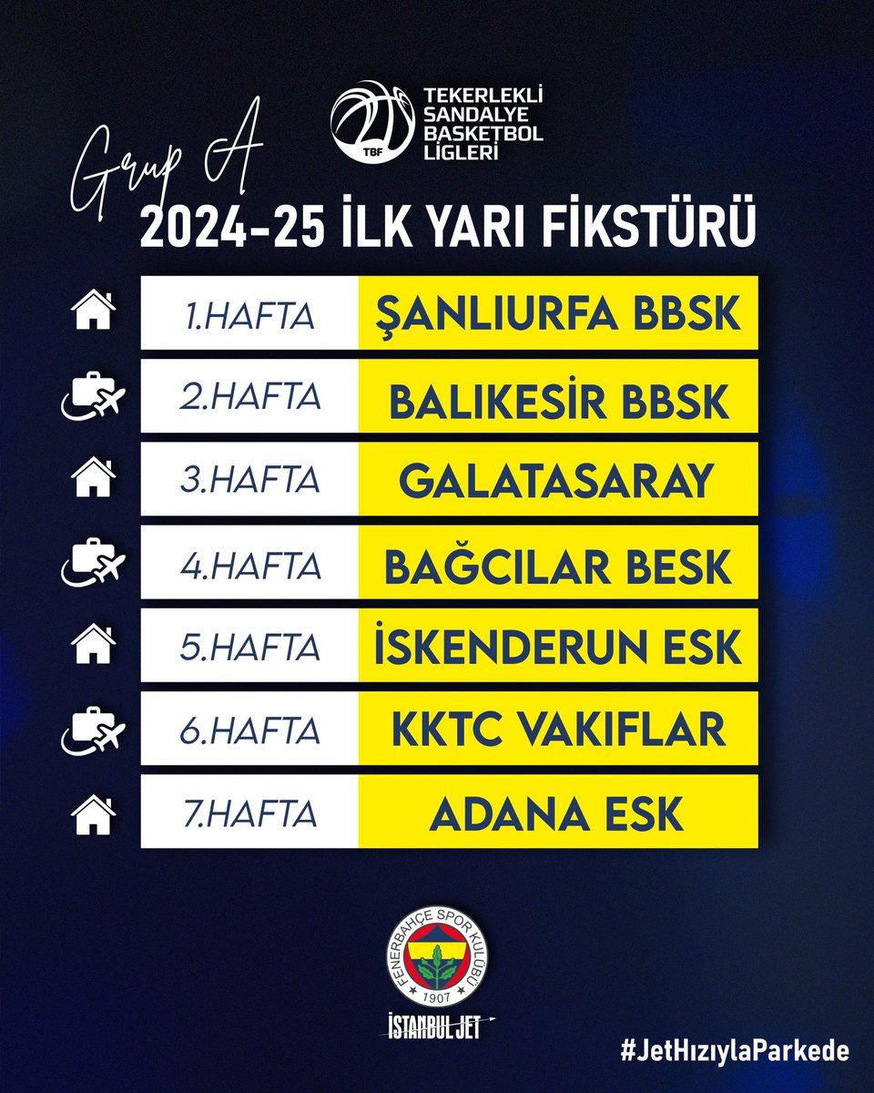 fenerbahcetksb's tweet photo. 🗓️Fenerbahçe İstanbul Jet Tekerlekli Sandalye Basketbol Takımımızın, 2024/25 Sezonu ilk yarı fikstürü belli oldu! 

*2 Kasım’da başlayacak Tekerlekli Sandalye Basketbol Süper Ligi’nde Takımımız, A Grubu’nda yer alacak. 2 grupta toplam 16 takım mücadele edecek. Grubunu ilk 4 sırada tamamlayan takımlar, play-off’a yükselecek.