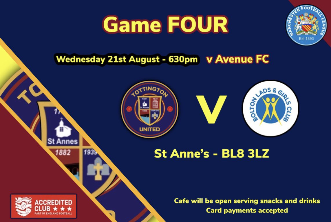 Mid-week football anyone?

Tomorrow night, we welcome Bolton Lads &amp; Girls FC to St Anne’s for a 6.30pm KO.

Get down and support the lads ⚽️