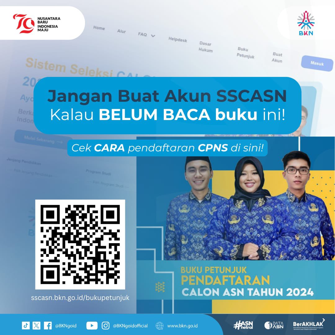 Jelang pendaftaran DIBUKA, kalian wajib BACA terlebih dahulu Buku Petunjuk di portal SSCASN BKN‼️

#SeleksiCPNS2024
#SatuDataASN
#ASNNetral