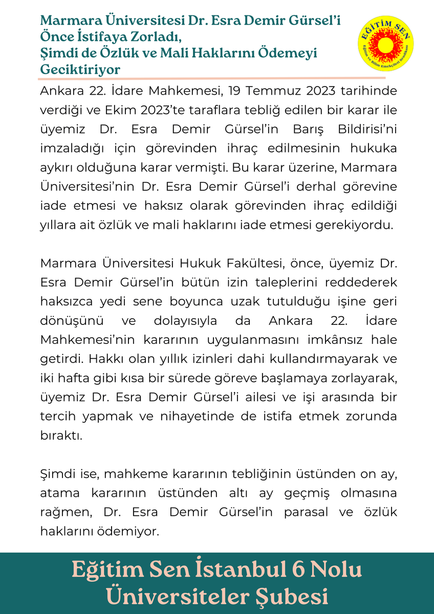 EgitimSenist6's tweet photo. Marmara Üniversitesi üyemiz Dr. Esra Demir Gürsel’i önce istifaya zorladığı gibi şimdi de özlük ve mali haklarını ödemeyi geciktiriyor

@marmara1883 https://t.co/jltdoB8Hr0