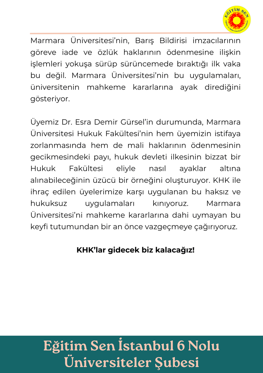 EgitimSenist6's tweet photo. Marmara Üniversitesi üyemiz Dr. Esra Demir Gürsel’i önce istifaya zorladığı gibi şimdi de özlük ve mali haklarını ödemeyi geciktiriyor

@marmara1883 https://t.co/jltdoB8Hr0