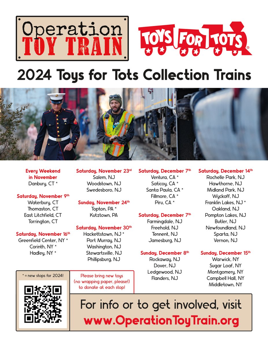 OpToyTrain's tweet photo. @OpToyTrain will operate special trains to 47 communities across five U.S. states to collect over 40,000 donated toys for the Marine Toys for Tots Foundation. Visit https://t.co/q5A6r9w4Sh to learn more! https://t.co/z0uQZpwWnp