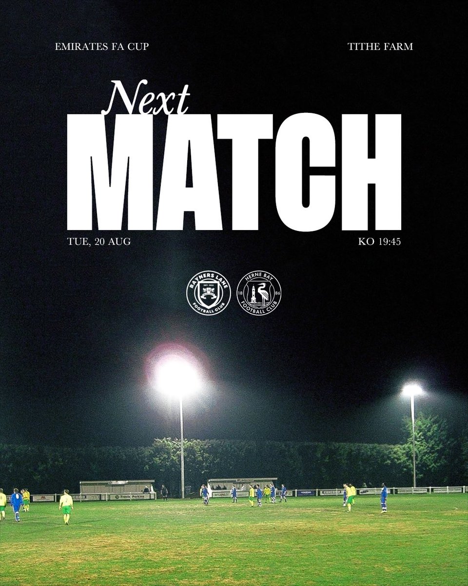 𝗜𝗧’𝗦 𝗠𝗔𝗧𝗖𝗛 𝗗𝗔𝗬
🆚 <a href="/RaynersLaneFC/">Rayners Lane FC</a> (𝗔)

The Bay are on the road again for their FA Cup replay against Rayners Lane.

🏆 Emirates FA Cup
📅 Tuesday 20th August
⏰ 7:45pm KO
🏟️ Tithe Farm Sports &amp; Social Club
📍 Harrow, HA2 0XH

#HBFC | #WeAreTheBay