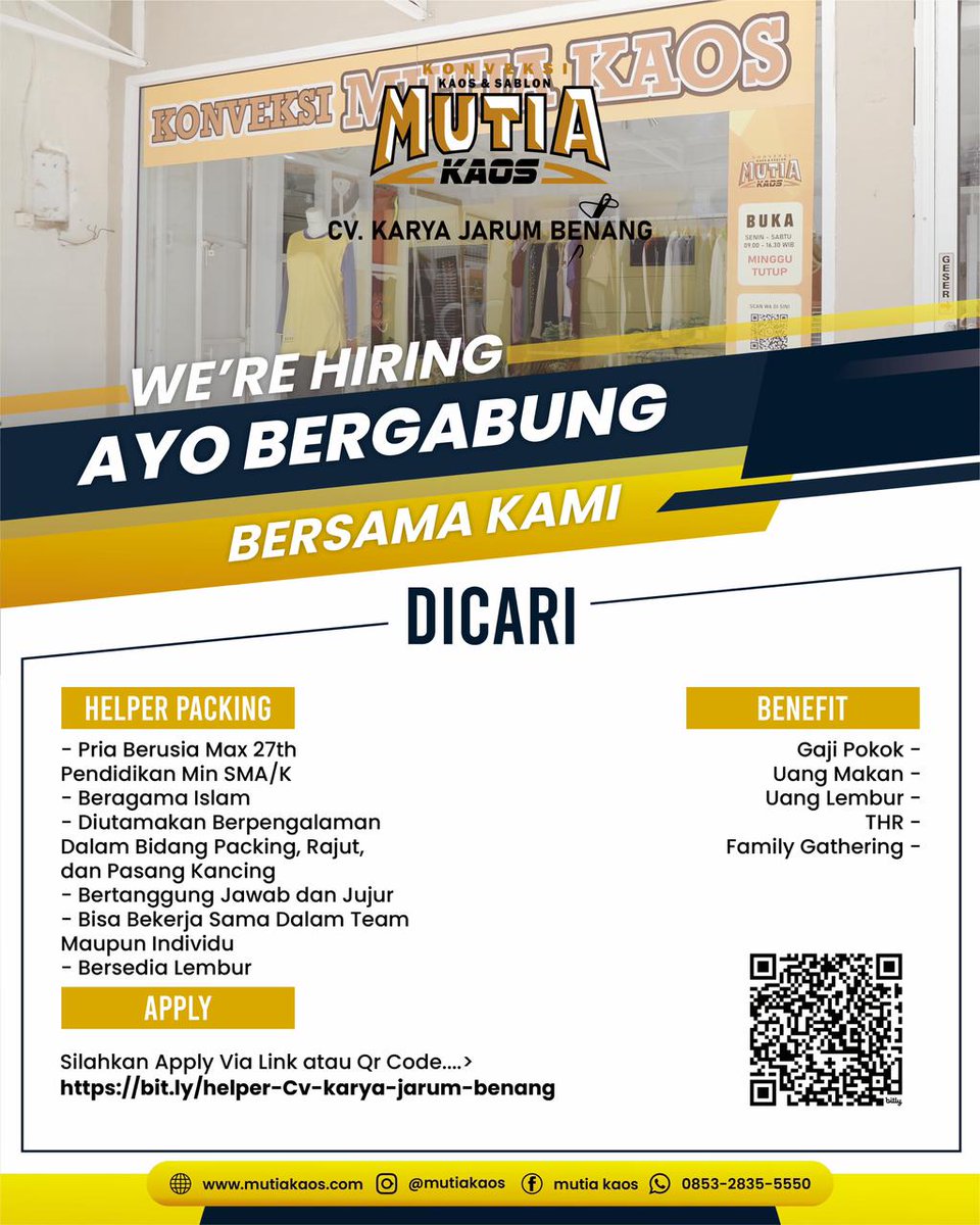 loker_tegal's tweet photo. Dibutuhkan Segera !!

Helper Packing

Jika anda sesuai dengan kualifikasi, kirim lamaran ke https://t.co/w5z2BhYWJY

Atau scan barcode pada gambar

#lokertegal https://t.co/Cr6JIe7p7D