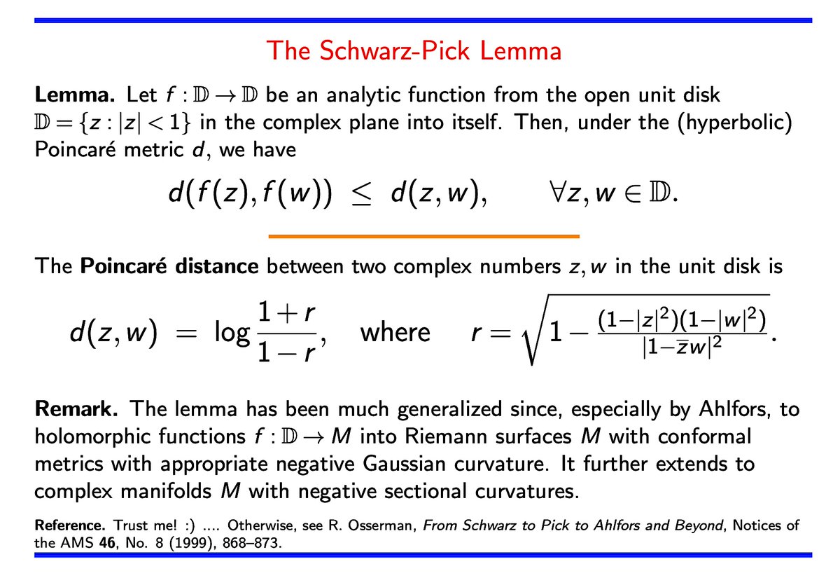 SamuelGWalters's tweet image. The Schwarz-Pick lemma states that an analytic function from the open unit disk to itself never increases the hyperbolic Poincaré distance between two points. #math #calculus #ComplexAnalysis #geometry