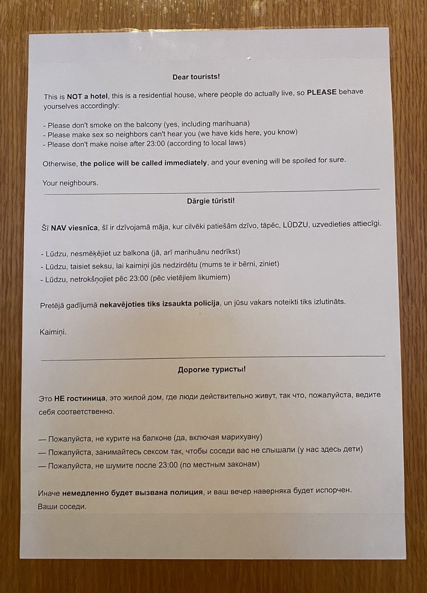 ie_va's tweet photo. Pirms laika biju apciemot krustmāti viņas airbnb dzīvoklī, aizmirsu padalīties ar šo tur redzēto šedevru. “Taisīt seksu” un “tiks izlutināts”. 👌🏻👌🏻👌🏻 https://t.co/AbT2oqZp3W