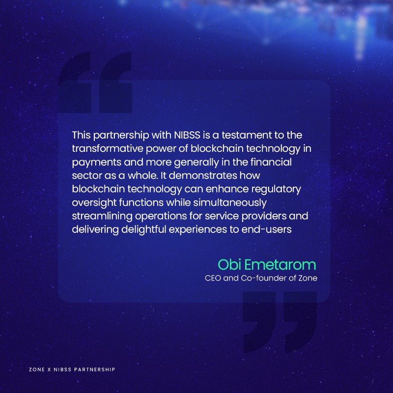 zonenetworkhq's tweet photo. We’re excited to announce our strategic partnership with the Nigeria Inter-Bank Settlement System (@NIBSS_NG) to enhance its Payment Terminal Service Aggregator (PTSA) operations using our regulated blockchain technology.  

#WeAreZone #ConnectToTheFuture