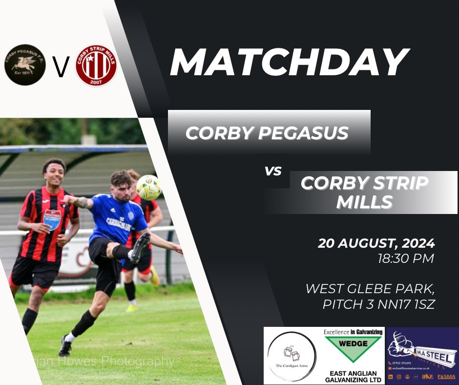 Corby Strip Mills (@monthemills) on Twitter photo ⚽️💥MATCHDAY💥⚽️
🆚 <a href="/CorbyPegasus/">Corby Pegasus</a>
⏰ 18:30KO
🏟️ West Glebe
🏆 Combo Prem
Today the first team are back in action as we begin 1 of 4 Corby derby’s starting with Corby Peg
Always tough against a local opposition so the boys will have to be on it. Get yourself down there 🔴⚫️ ⚽️💥MATCHDAY💥⚽️
🆚 <a href="/CorbyPegasus/">Corby Pegasus</a>
⏰ 18:30KO
🏟️ West Glebe
🏆 Combo Prem
Today the first team are back in action as we begin 1 of 4 Corby derby’s starting with Corby Peg
Always tough against a local opposition so the boys will have to be on it. Get yourself down there 🔴⚫️