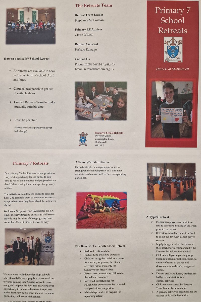 RCDOMRetreats (@rcdomr) on Twitter photo Diocese of Motherwell retreat days for p5 & p7 are now available to book for 2024/25. Leaflets below with more information ⬇️
Contact Stephanie on retreats@rcdom.org.uk Diocese of Motherwell retreat days for p5 & p7 are now available to book for 2024/25. Leaflets below with more information ⬇️
Contact Stephanie on retreats@rcdom.org.uk