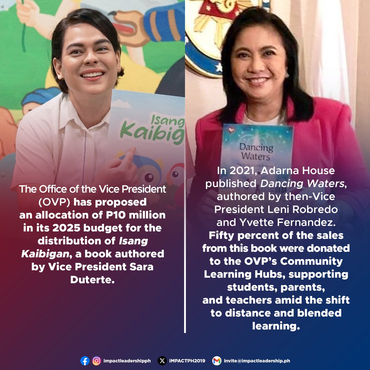 A TALE OF TWO VICE PRESIDENTS

The Office of the Vice President (OVP) has proposed an allocation of P10 million in its 2025 budget for the distribution of "Isang Kaibigan", a book authored by Vice President Sara Duterte. #BantayBudget2025