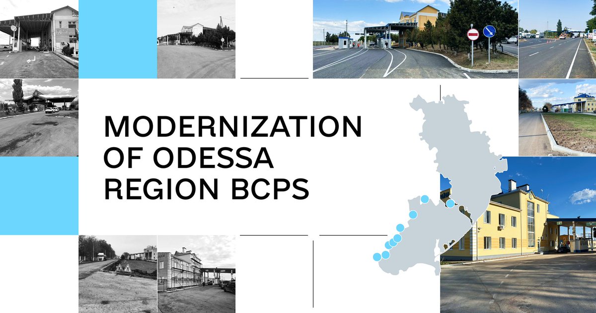 RestoreUA's tweet photo. Modernizing 9 BCPs in Odesa region: repairs on buildings, roads, lighting are done. Upgrades funded by @USAIDUkraine & IOM. Joint control launched at Reni-Giurgiulesti. Newly renovated BCPs will streamline customs for trucks and buses, reducing border wait times #WeBuildUkraine https://t.co/Sg1ajQh760
