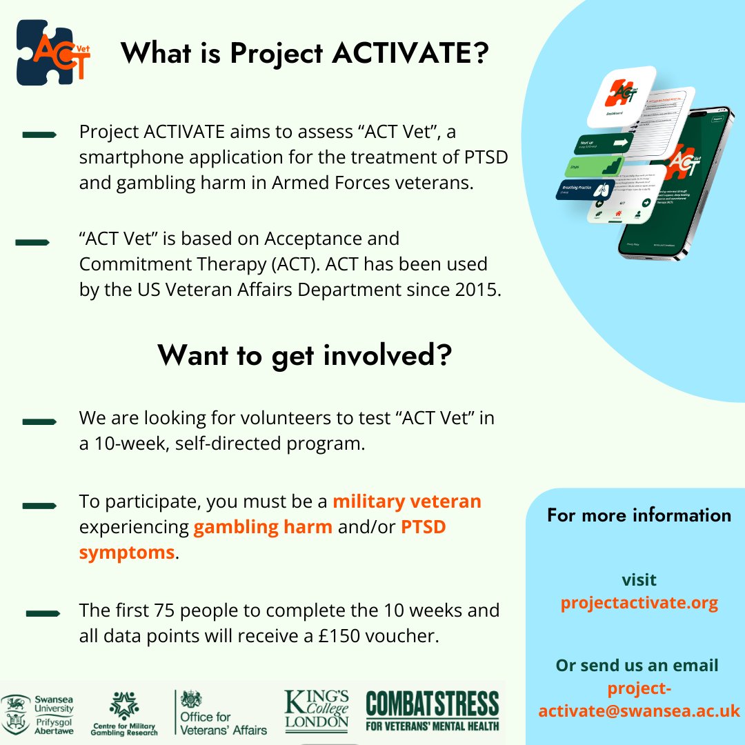 p_ACTIVATE's tweet photo. 📢 Volunteers wanted 📢 We are still recruiting for military veterans experiencing gambling harm and/or PTSD symptoms to assess a new digital treatment. Please follow this link 👉 https://t.co/vvQgmzFrQz to complete the eligibility questionnaire, or see below for more details. https://t.co/CTtc05yFHK