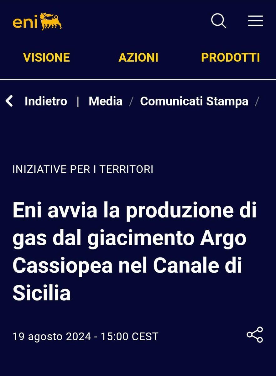 ENI annuncia con orgoglio l’avvio della produzione di #gas dal giacimento Argo-Cassiopea, mentre il pianeta brucia sotto i nostri piedi. 

Dopo un'estate di ondate di calore infernali, siccità devastante e mari che sembrano terme, continuiamo a scavare nel passato invece di