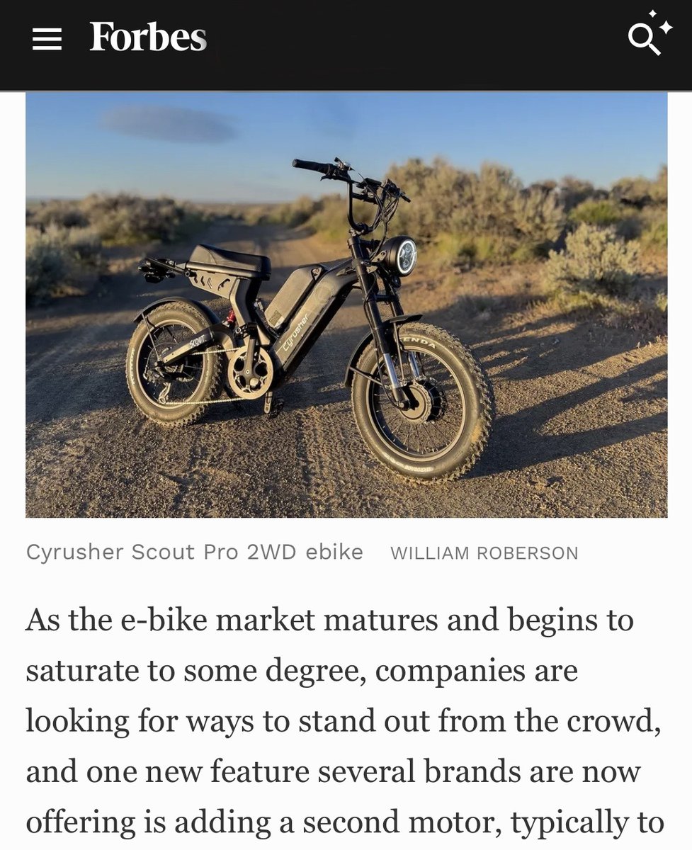 CyrusherBikes's tweet photo. Highlighted in Revving Up by Forbes, the Scout Pro is a great utility and fun machine. Able to hit nearly 30 mph, it’s as fast as many gas-powered 49cc scooters, but has bigger wheels and excellent stability...
👉Learn more:
https://t.co/TSmYDTXMcS
#cyrusher #Scoutpro #ebike https://t.co/ygLZISHlrx
