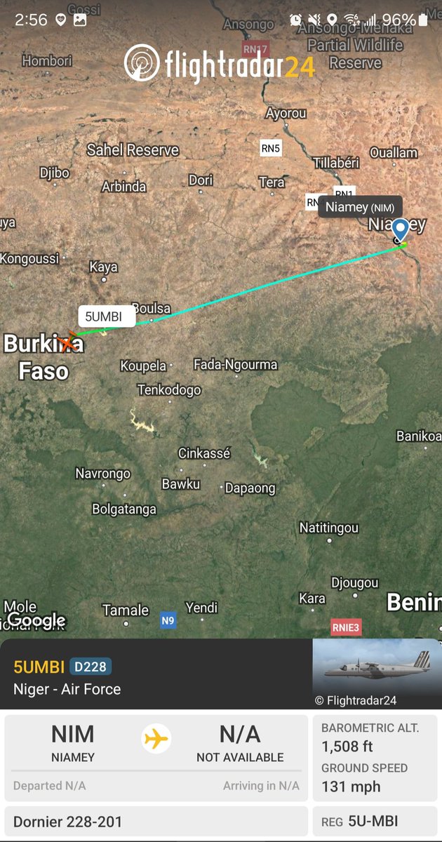 Borrowed7Time's tweet photo. Niger AF D228-201 5U-MBI #062F0F is landing at Ouagadougou from Niamey.
@Dinlas3 @fabsenbln @Nomade_Sahelien https://t.co/U8PkZlTXOl