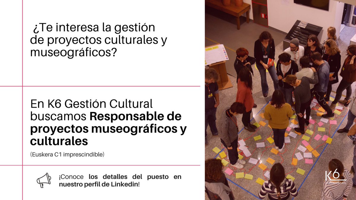 K6kultura's tweet photo. 💡Si te entusiasma la gestión de proyectos museográficos y culturales en #K6GestiónCultural te estamos bucando🔎

➡️Proceso de selección abierto para incorporar responsable de proyectos museográficos y culturales

Más información ➡️ https://t.co/7mgUJR1D64

#Ofertadeempleo https://t.co/oGvBUjhIC7