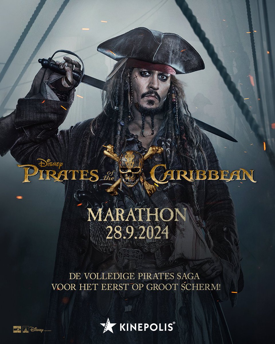 Shiver me timbers! Op algemeen verzoek brengen we op zaterdag 28 september de 𝐏𝐢𝐫𝐚𝐭𝐞𝐬 𝐨𝐟 𝐭𝐡𝐞 𝐂𝐚𝐫𝐢𝐛𝐛𝐞𝐚𝐧 𝐦𝐚𝐫𝐚𝐭𝐡𝐨𝐧 op groot scherm! De vijf films na elkaar, met snacks, drinks en goodies. Savvy? Koop nu je tickets via kinepolis.be/pirates
