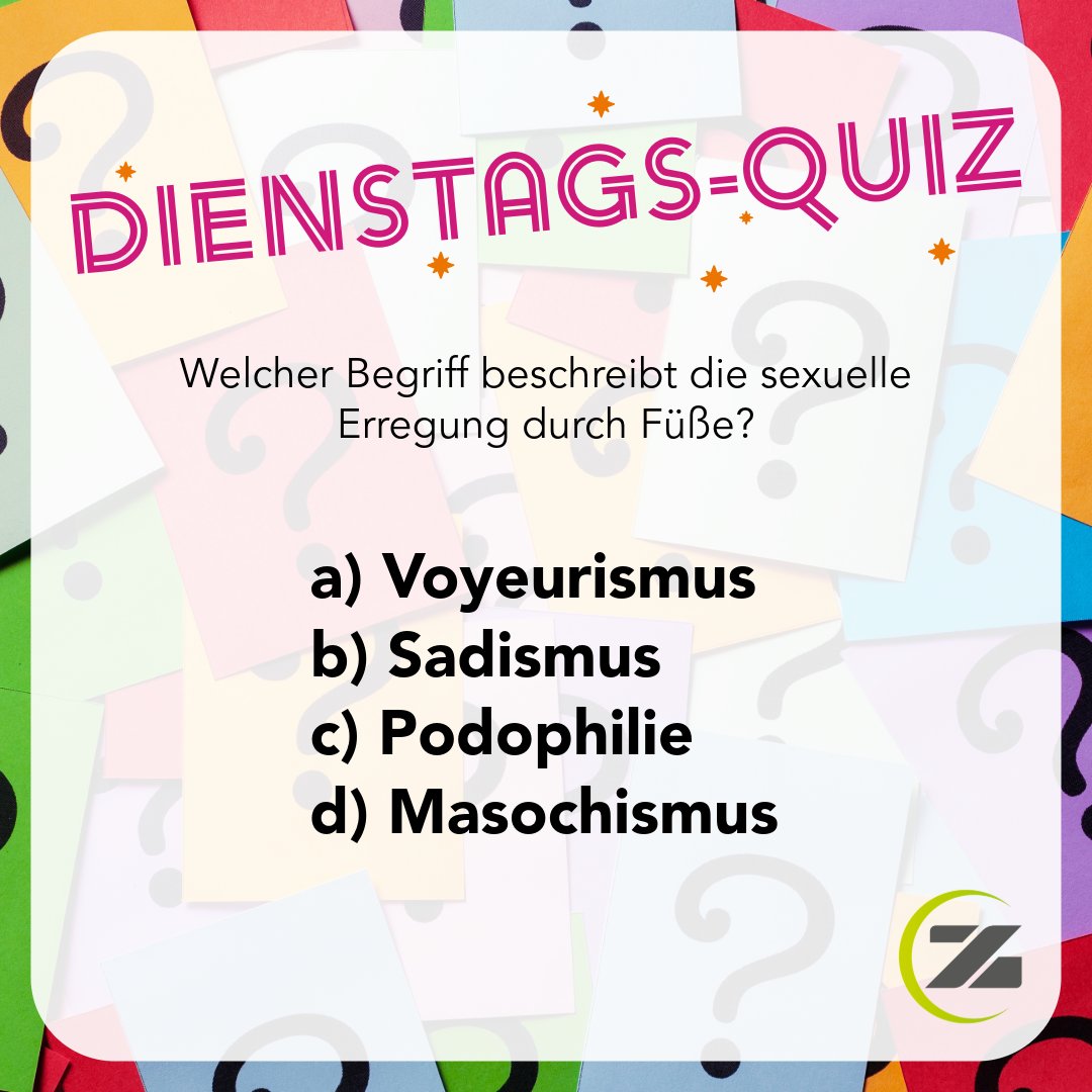 ZfSGmd's tweet photo. 🎉 Dienstags-Quiz!

Welcher dieser Begriffe beschreibt die sexuelle Erregung durch Füße?

a) Voyeurismus
b) Sadismus
c) Podophilie
d) Masochismus

--- 

👉🏼 Lösung von letzter Woche: Antwort B https://t.co/NFycd0yMd0
