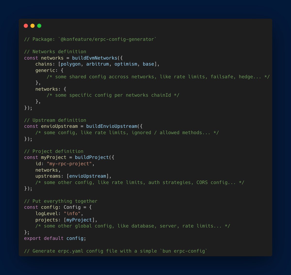 Thrilled to announce our TypeScript-based config generator for <a href="/ERPC/">eRPC</a> ! 🎉
Enjoy type safety and autocompletion while crafting your RPC load balancer setup. Perfect for devs who love clean, error-free configs.
It's like giving your YAML superpowers! 💪