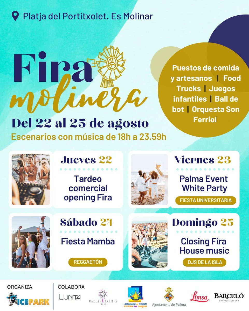 EsBornMolinar's tweet photo. #Fira Molinera Marinera 3a edicion en #EsMolinar #Palma 
del 22 al 25 de agosto en el Paseo del #Portixol 
¡Estais bienvenid@s a participar y compartir este evento!
Muchas Gracias🙏
#festivo #FiestasPatronales #artesanos #juegosinfantiles #balldebot #bandademusica #fiesta #party https://t.co/tVldKoz1Eq