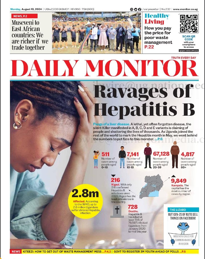 NOPLHB_Official (@noplhbofficial) on Twitter photo As we have always advocated such headlines should trigger the responsible institutions to act immediately. Hepatitis B is on the increase in Uganda.
<a href="/hepactivist/">Kenneth_Kabagambe</a>
<a href="/WHO/">World Health Organization (WHO)</a> <a href="/WHOUganda/">WHO Uganda</a> <a href="/Hep_Alliance/">World Hepatitis Alliance</a> <a href="/hepatitisfund/">The Hepatitis Fund</a> @hep <a href="/PEPFAR/">PEPFAR</a> <a href="/MinofHealthUG/">Ministry of Health- Uganda</a> <a href="/CDCgov/">CDC</a> <a href="/DianaAtwine/">Dr. Diana Atwine</a> <a href="/HepDConnect/">Hepatitis Delta Connect</a> <a href="/AfricaAhi/">Africa Hepatitis Initiative (AHI)</a> As we have always advocated such headlines should trigger the responsible institutions to act immediately. Hepatitis B is on the increase in Uganda.
<a href="/hepactivist/">Kenneth_Kabagambe</a>
<a href="/WHO/">World Health Organization (WHO)</a> <a href="/WHOUganda/">WHO Uganda</a> <a href="/Hep_Alliance/">World Hepatitis Alliance</a> <a href="/hepatitisfund/">The Hepatitis Fund</a> @hep <a href="/PEPFAR/">PEPFAR</a> <a href="/MinofHealthUG/">Ministry of Health- Uganda</a> <a href="/CDCgov/">CDC</a> <a href="/DianaAtwine/">Dr. Diana Atwine</a> <a href="/HepDConnect/">Hepatitis Delta Connect</a> <a href="/AfricaAhi/">Africa Hepatitis Initiative (AHI)</a>