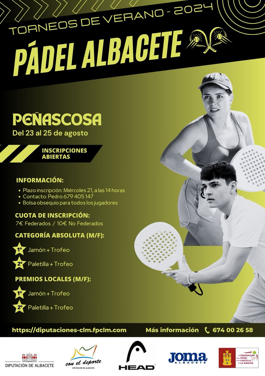 Dipualba Deporte (@dipualbadeporte) on Twitter photo 🚩 #Pádel | Torneos de Verano Pádel Albacete 2024 | #Peñascosa acogerá este fin de semana una de las últimas pruebas de pádel del circuito veraniego. ¡Anímate a participar!
👉 Inscripciones, aquí: diputaciones-clm.fpclm.com/archivos/1448
<a href="/fpclm/">FED. PADEL CLM</a> 🚩 #Pádel | Torneos de Verano Pádel Albacete 2024 | #Peñascosa acogerá este fin de semana una de las últimas pruebas de pádel del circuito veraniego. ¡Anímate a participar!
👉 Inscripciones, aquí: diputaciones-clm.fpclm.com/archivos/1448
<a href="/fpclm/">FED. PADEL CLM</a>