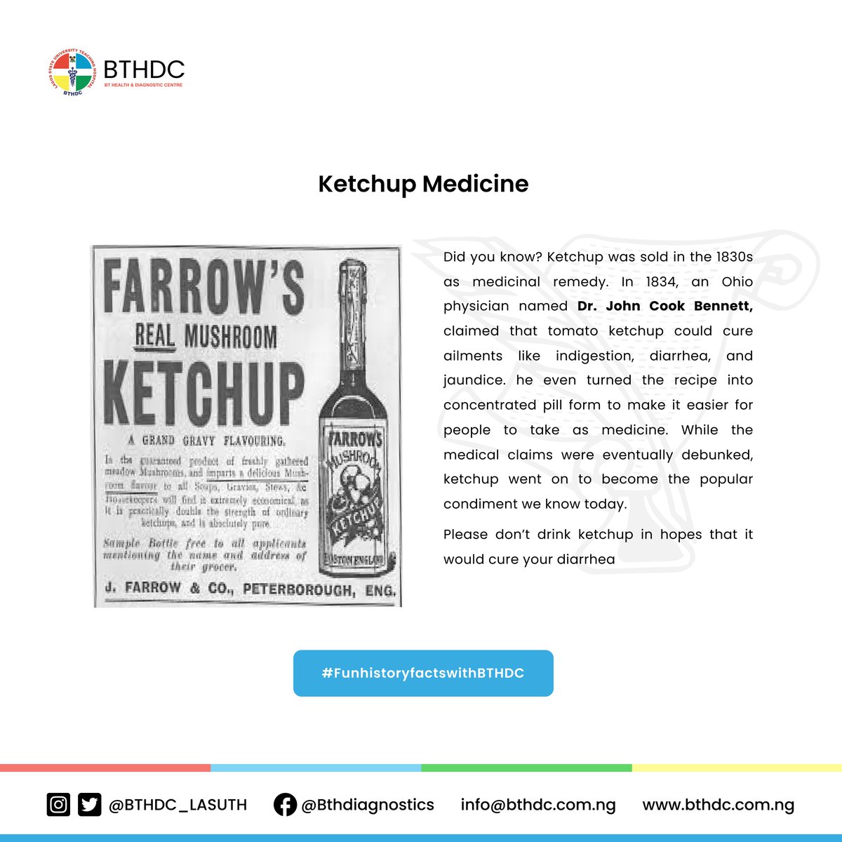 BTHDC_LASUTH's tweet photo. Time Travel Tuesdayπ: Did you know? Ketchup was originally sold as medicine back in 1830s? It was believed to cure indigestion and diarrhea π€
Intrigued? Swipe to read more π
#FunhistoryfactswithBTHDC #Bthdc #Metrocare #Lasuth #Funfactstuesday #Ketchupmedicine https://t.co/73X7dZAVLq