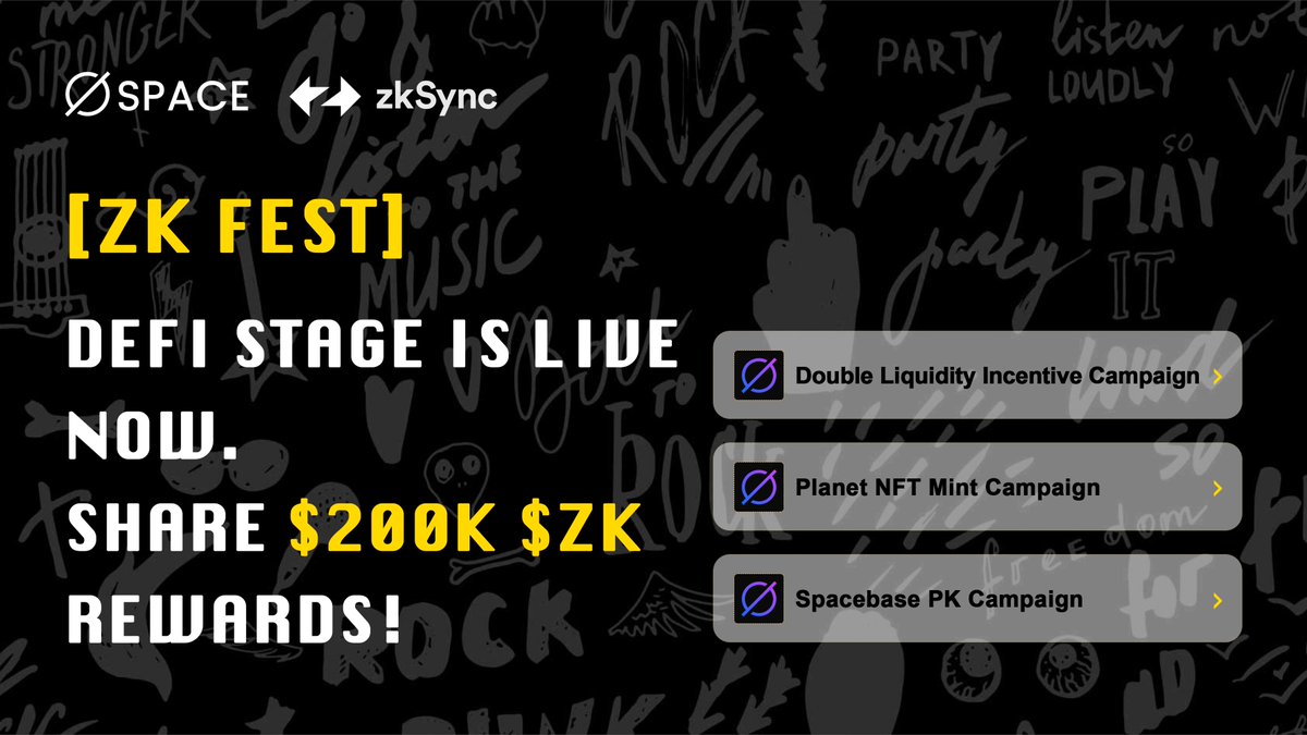 [ZK FEST] DEFI STAGE is live now! Join SpaceFi campaign with 200,000 $ZK rewards!

You can earn double incentives by Adding Liquidity, Minting NFTs, and Creating or Joining Spacebases to Share 200,000 $ZK Rewards!
🔗 zkfest.co/performances/s…

🧑‍🌾Deposit LP in Farm
🪐Mint Planet NFT