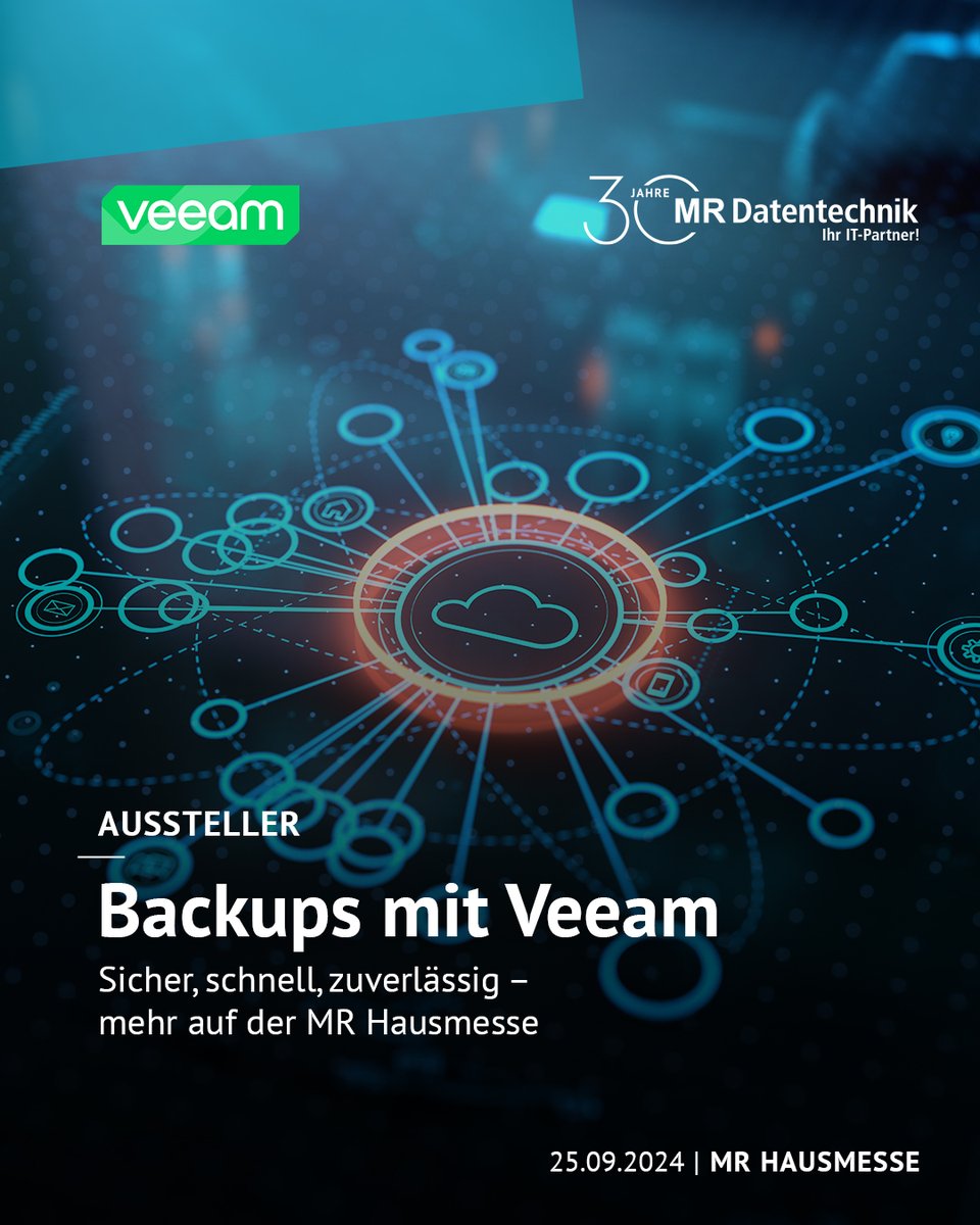 MR Datentechnik Vertriebs- und Service GmbH (@mrdatentechnik) on Twitter photo 🚀 Sicher, zuverlässig # blitzschnell – das sind die <a href="/Veeam/">Veeam® Software</a> Backup-Lösungen! Egal, ob ihr eure Daten in der #Cloud, auf physischen #Servern oder in virtuellen Umgebungen habt – so sind eure Geschäftsdaten sicher + verfügbar sind.
Mehr auf der MR Hausmesse
mr-hausmesse.de 🚀 Sicher, zuverlässig # blitzschnell – das sind die <a href="/Veeam/">Veeam® Software</a> Backup-Lösungen! Egal, ob ihr eure Daten in der #Cloud, auf physischen #Servern oder in virtuellen Umgebungen habt – so sind eure Geschäftsdaten sicher + verfügbar sind.
Mehr auf der MR Hausmesse
mr-hausmesse.de