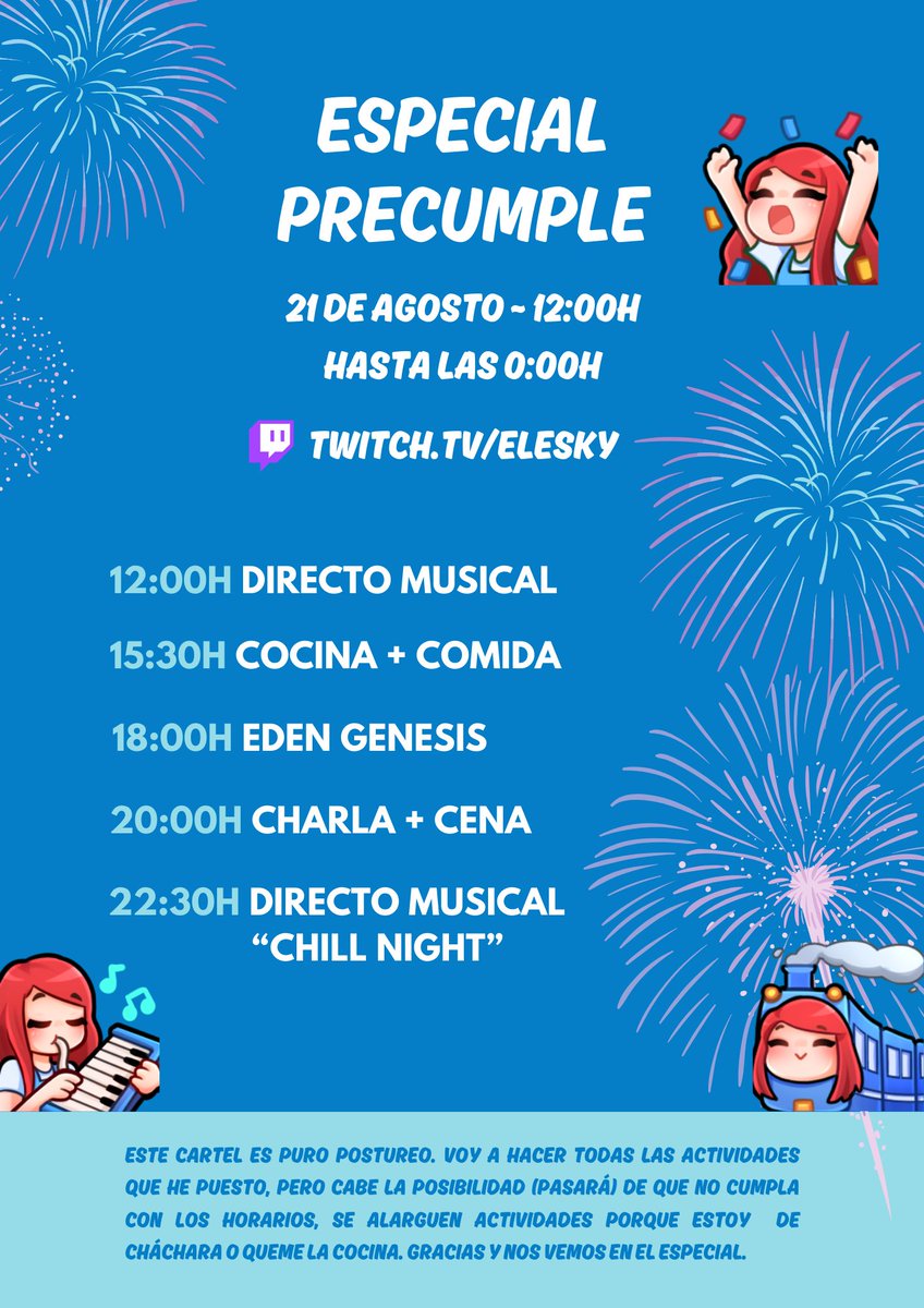 Mi cumpleaños está gafado porque siempre estoy mala o pasa algo, pero ESTE ES EL AÑO (a no ser que pase algo de aquí a mañana) 🙏

Mañana 21 de agosto estaré de DIRECTO ESPECIAL desde las 12:00h hasta las 0:00h entrar al día 22 a tope!! 🎂

NOS VEMOS!!! 🥳
