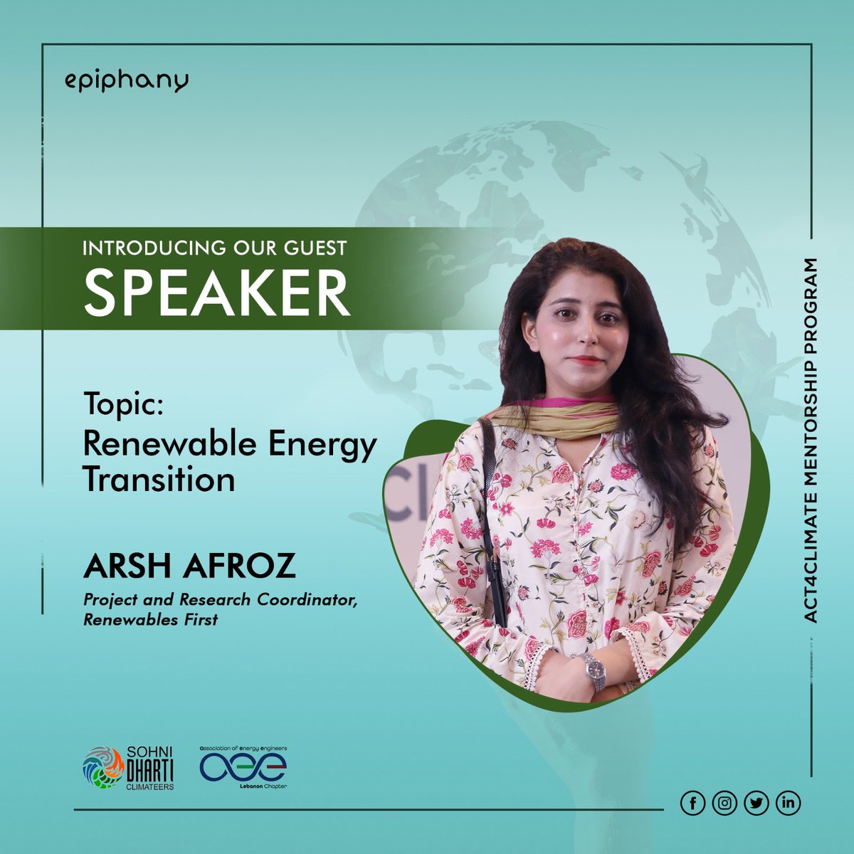 We’re excited to welcome Arsh Afroz as a guest speaker for our Act4Climate Mentorship Program! She will be delivering an insightful talk on Renewable Energy Transition to our mentees, guiding them on how to navigate and contribute to this critical shift.