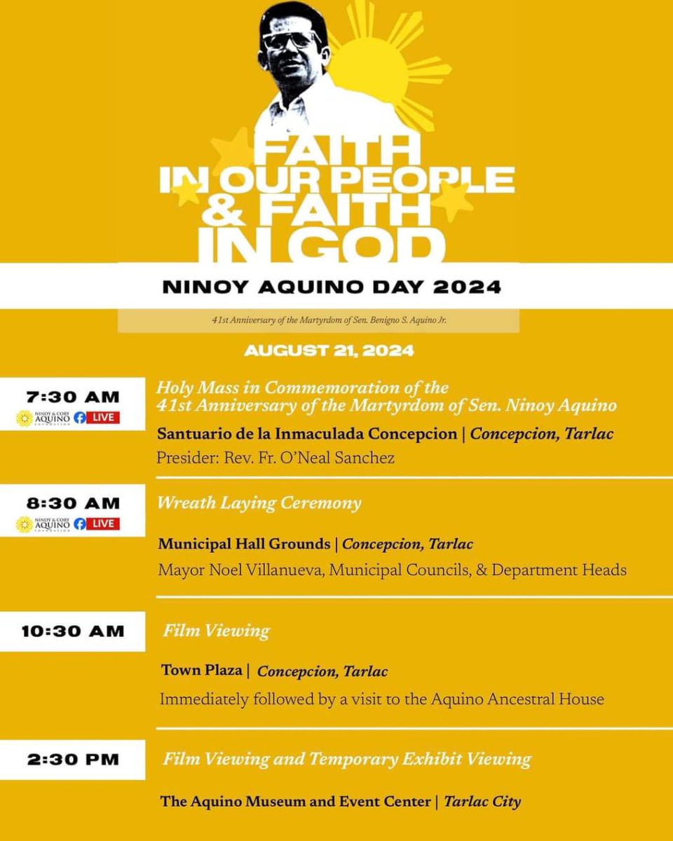 Bukas, August 21, aalalahanin natin ang buhay, kabayanihan, at inspirasyon na iniwan sa atin ni Ninoy Aquino.🎗️Ito po yung mga nakalinyang mga programa na magaganap sa Concepcion, Tarlac. 

#SalamatNinoy
#RememberingNinoy
#HindiKaNagiisa
