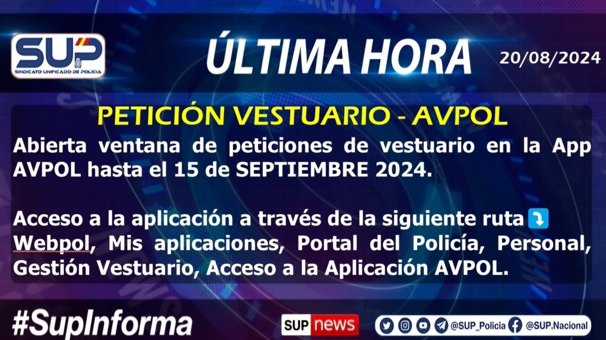 Sup_Policia's tweet photo. 🔊El #SupInforma
🗓Abierta ventana de petición de #Vestuario en la App #AVPOL hasta el 15 de SEPTIEMBRE 2024
👨‍💻Acceso a la aplicación a través de la siguiente ruta⤵️
#WebPol, Mis aplicaciones, Portal del Policía, Personal, Gestión Vestuario, Acceso a la Aplicación AVPOL https://t.co/TQm8ZhYu0f