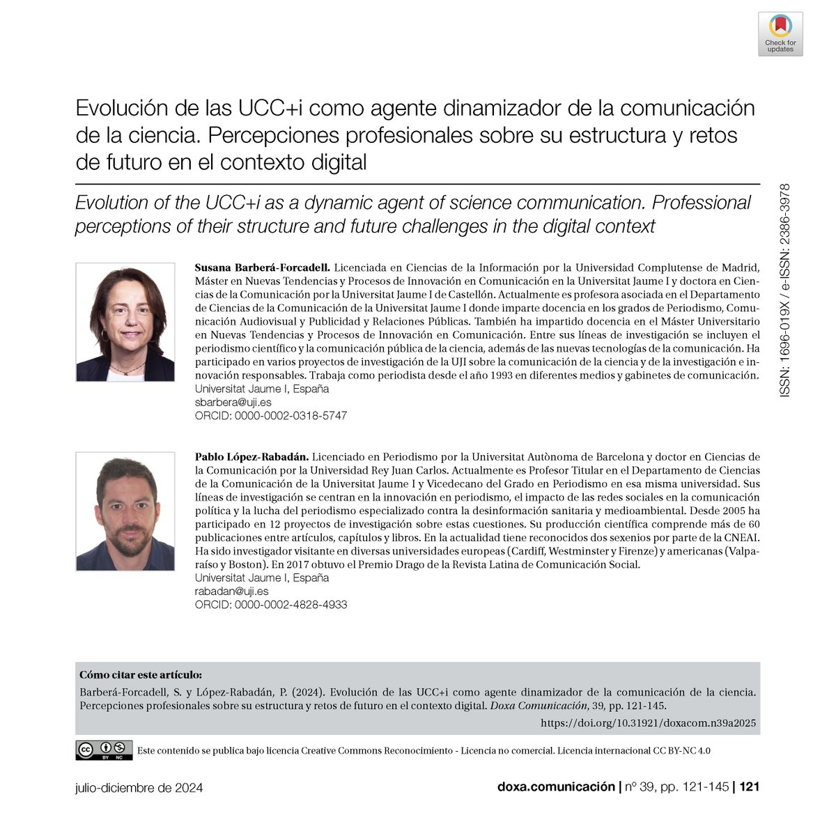 Evolución de las UCC+i como agente dinamizador de la comunicación de la ciencia. Percepciones profesionales sobre su estructura y retos de futuro en el contexto digital

👌🏻 Por Susana Barberá-Forcadell y Pablo López-Rabadán de la <a href="/UJIuniversitat/">Universitat Jaume I</a> 

DOI: doi.org/10.31921/doxac…