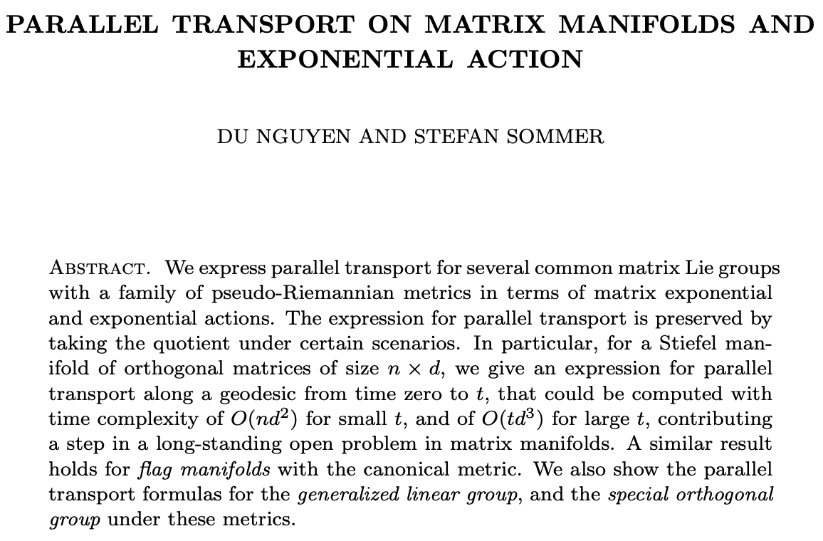 Stefan Sommer (@stefanhsommer) on Twitter photo Du <a href="/th_trad/">TH TRADING</a> and I have a new preprint on arxiv: Parallel transport on matrix manifolds and Exponential Action arxiv.org/abs/2408.06054 Du <a href="/th_trad/">TH TRADING</a> and I have a new preprint on arxiv: Parallel transport on matrix manifolds and Exponential Action arxiv.org/abs/2408.06054