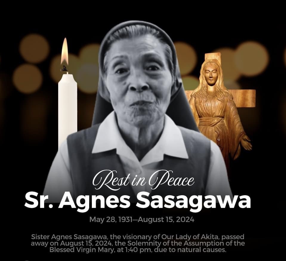 Pray for the soul of Sr Agnes of Akita Japan! She went to Jesus on 8-14-2024. May God bless her faithful service to the church and as a servant of the a blessed Virgin Mary! #akita #CatholicTwitter #CatholicX 
Turn your souls back to Jesus. Goto to a Sacramental Confession ASAP!