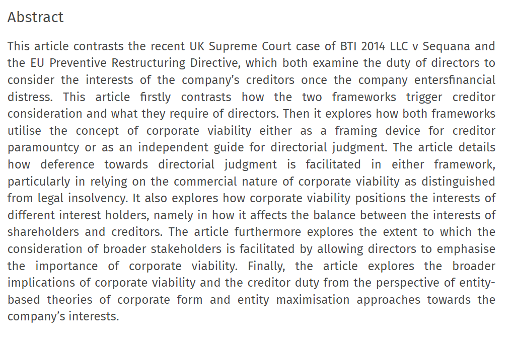 philip_gavin_'s tweet photo. Delighted to have my latest article "Corporate Viability and the Duty to Consider the Interests of Creditors in the United Kingdom and the European Union" now published in the European Business Law Review (available here: https://t.co/o6AjxWIhEu) https://t.co/uH1tJPkBr8